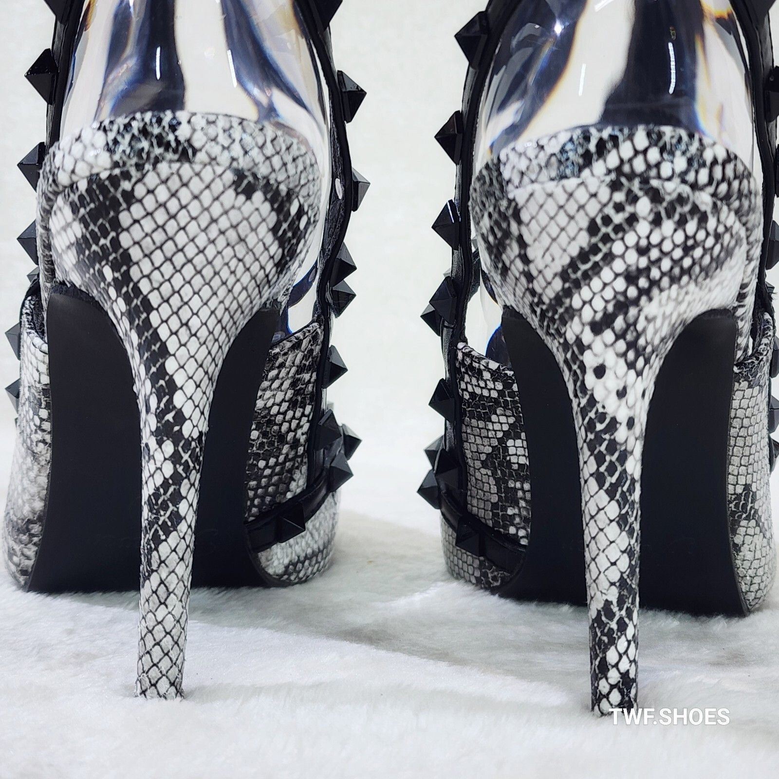 Other Caged Black White Snake Print Studded Strappy Stiletto High Size US 7.5 / IT 37.5 - 5 Thumbnail