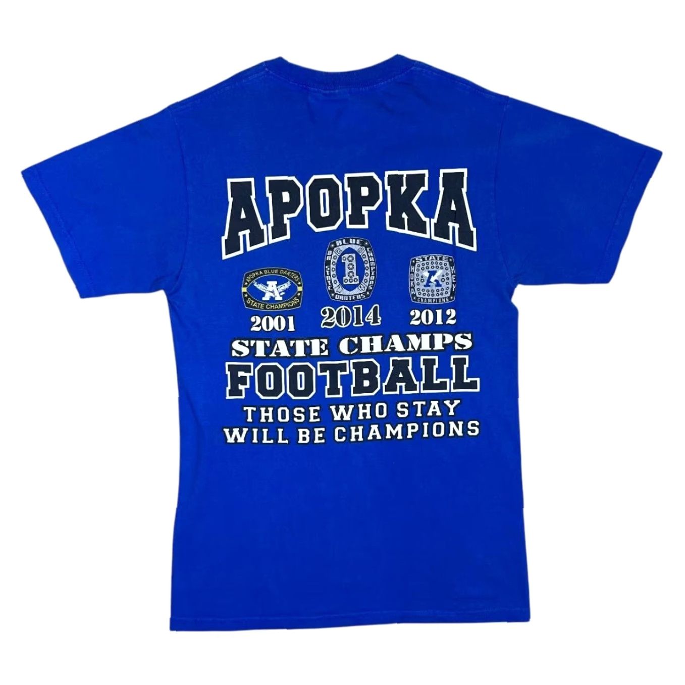 Fruit Of The Loom APOPKA FOOTBALL "State Champs" College Sports Graphic Blue T-Shirt Small Mens Shirt Small Blue Graphic print to front and back 90s style? Size US S / EU 44-46 / 1 - 2 Thumbnail