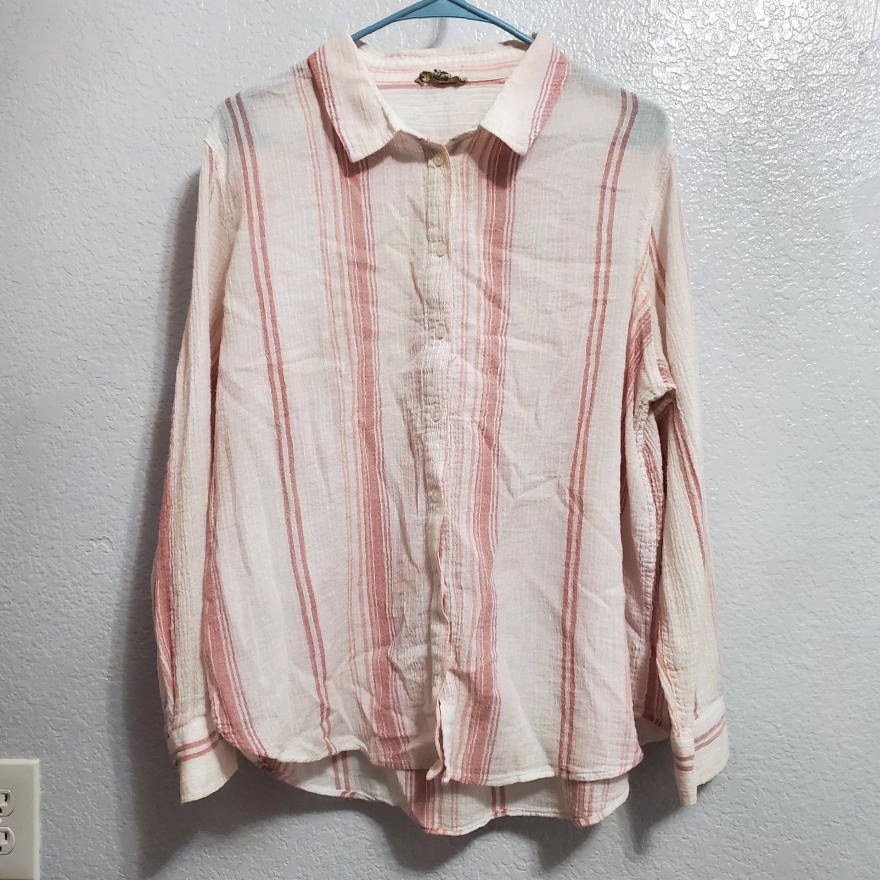 Pinko VINTAGE Fleur Bleue Top Women XL Ivory Pink Striped Cotton Button Up Lightweight Beachy Size XL / US 12-14 / IT 48-50 - 2 Thumbnail
