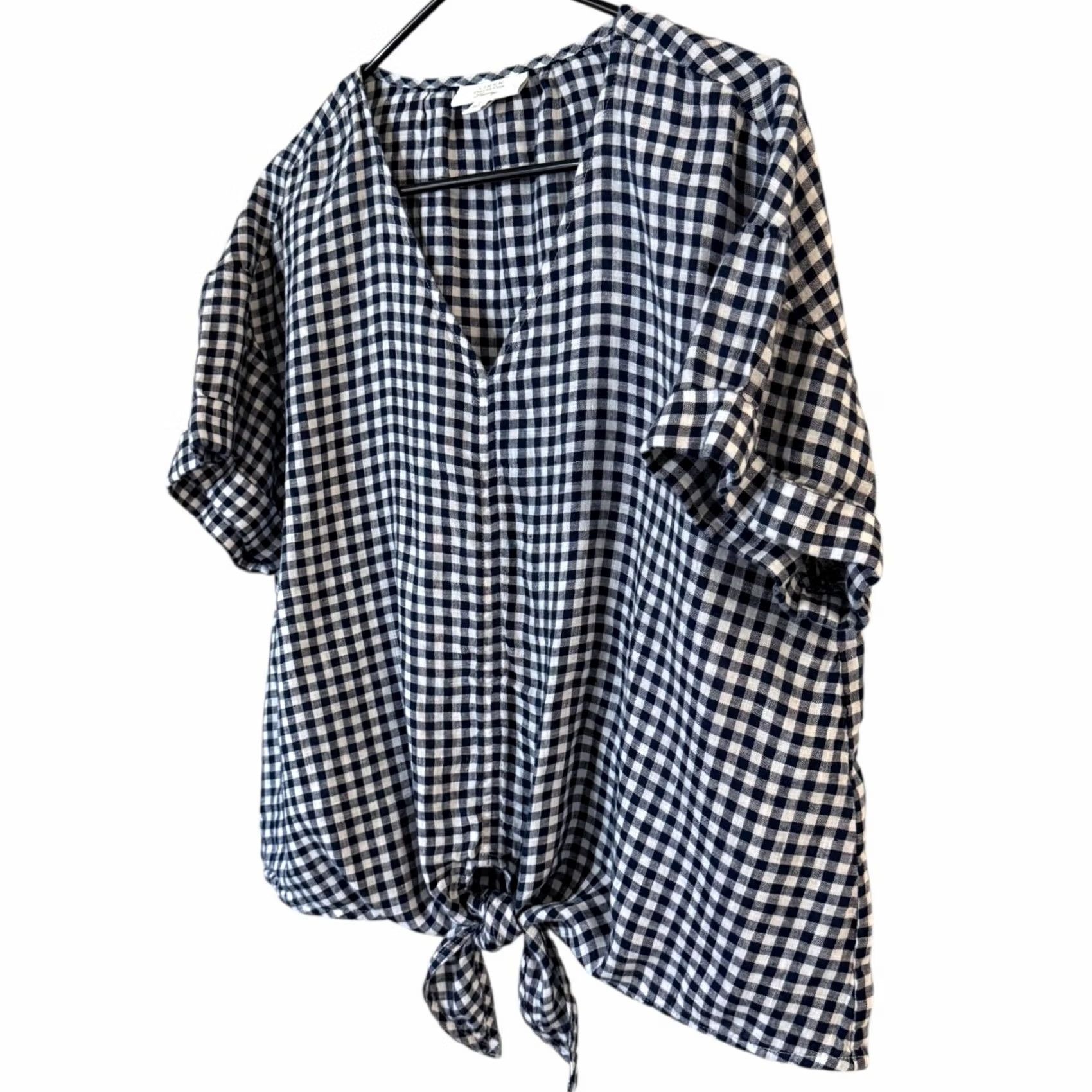 Charter Club Charter Club Linen Tie-Waist Gingham V-Neck Top Blue & White Women's Large Blouse Size L / US 10 / IT 46 - 2 Thumbnail