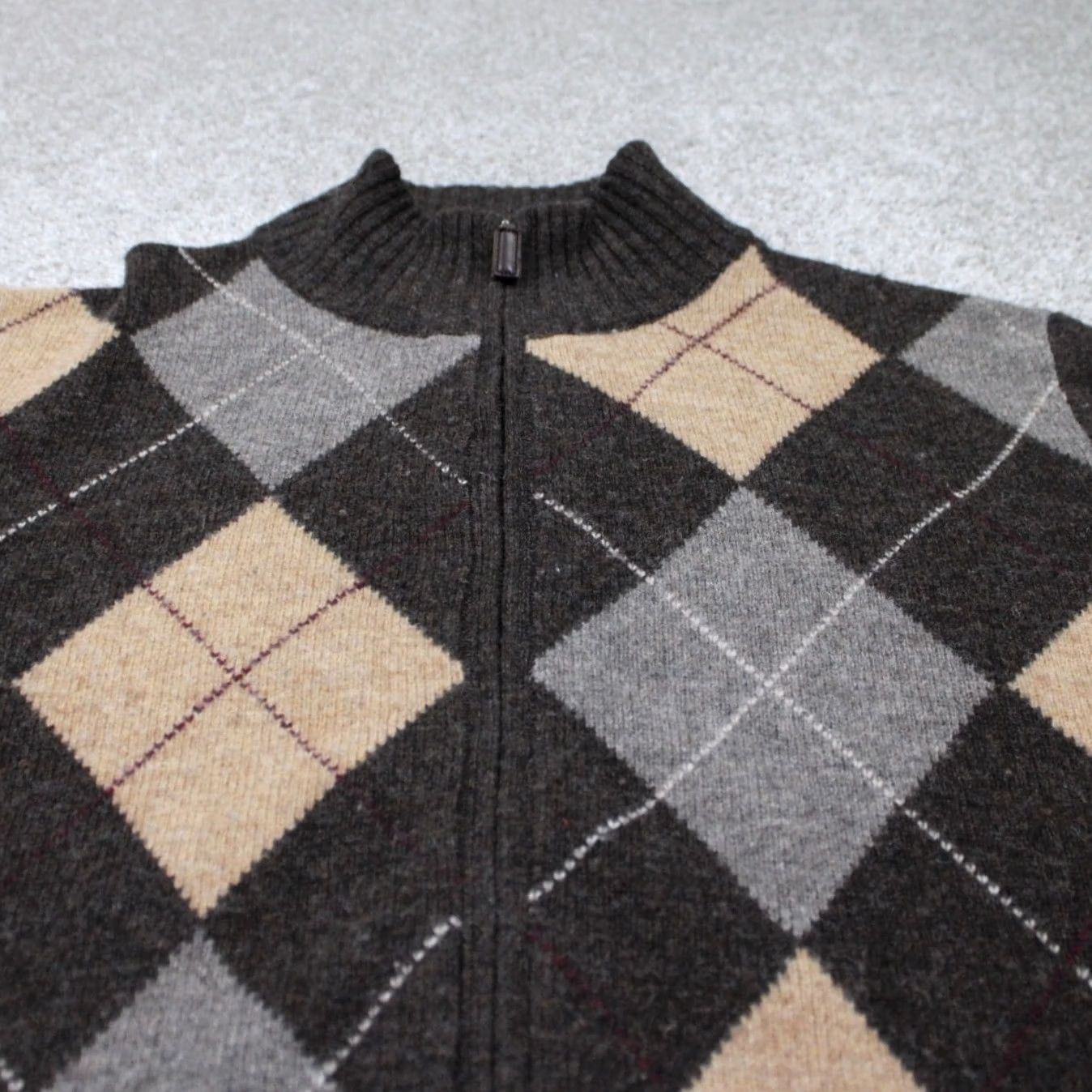J.Crew J. Crew Sweater Mens Large Brown/Tan Argyle Lambswool Full Zip L/S Sweatshirt Hoodie Size US L / EU 52-54 / 3 - 4 Thumbnail