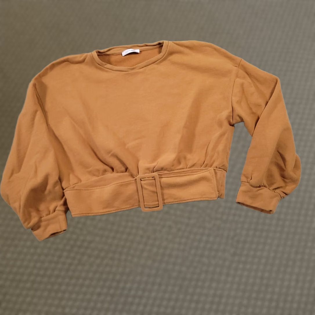 Zara Zara Sweatshirt Women's Large Cropped Round Neck Tan Belted Long Sleeve Size L / US 10 / IT 46 - 1 Thumbnail