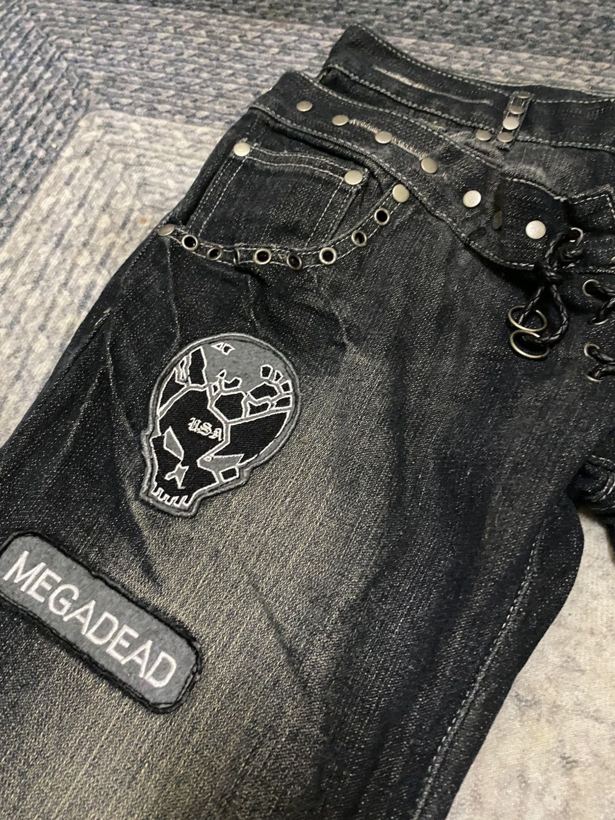 Japanese Brand HPP DOUBLE WAIST DISTRESSED STUD FLARED JEAN Size US 31 - 5 Thumbnail