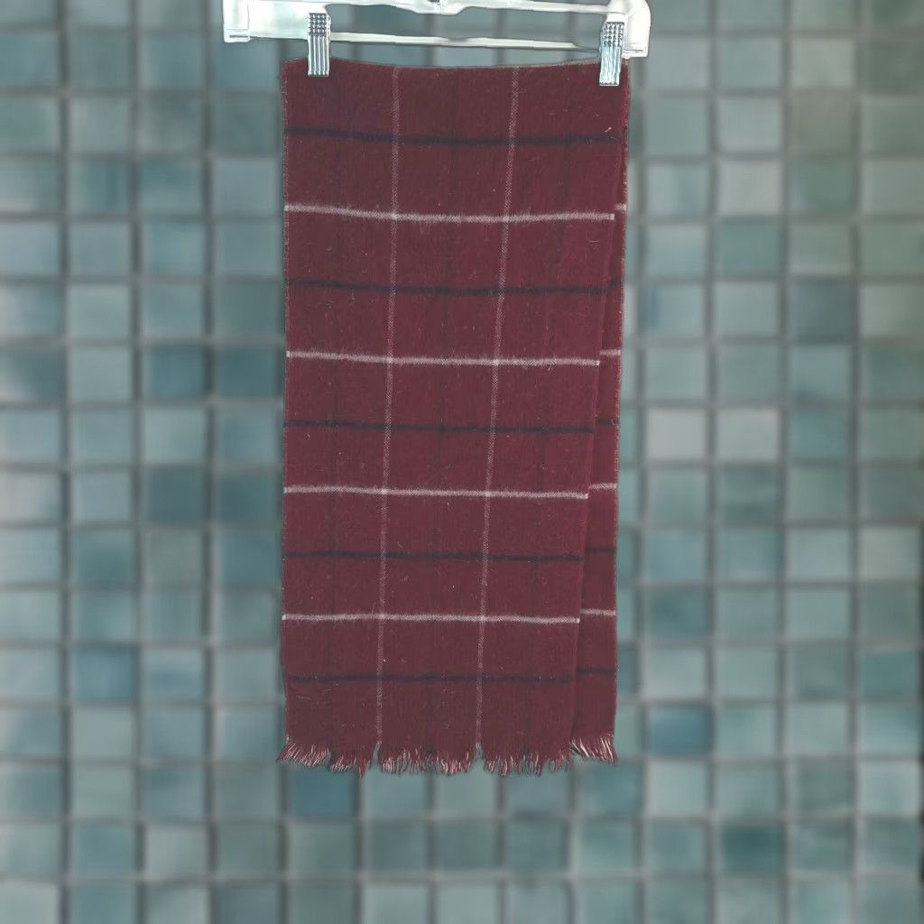 Vintage Womens/Mens Classic Collection Maroon Plaid Wool Rectangle Scarf 11" X 50" Winter Fringe Scarf Mens Womens Size ONE SIZE - 1 Thumbnail