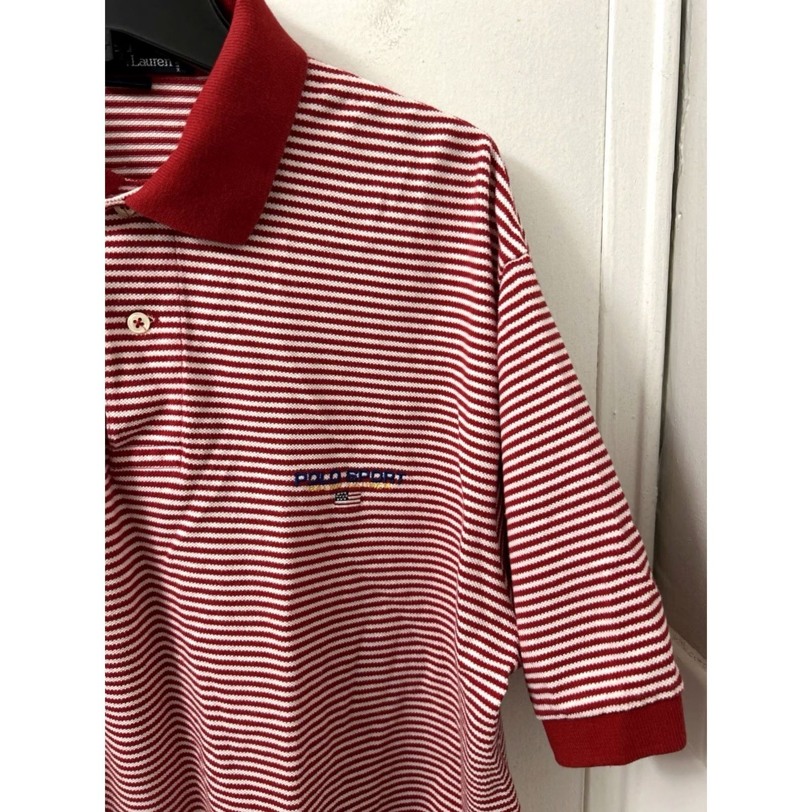 Polo Ralph Lauren VINTAGE Polo Sport Ralph Lauren Shirt Mens L Red White Striped Cotton Pique S/S Size US L / EU 52-54 / 3 - 4 Thumbnail