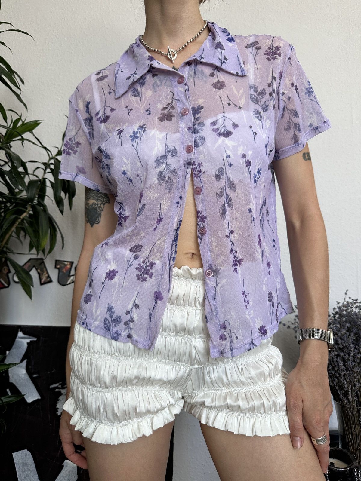 Japanese Brand Y2K Archival floral jpg Japan style mesh button up top Size ONE SIZE - 3 Thumbnail