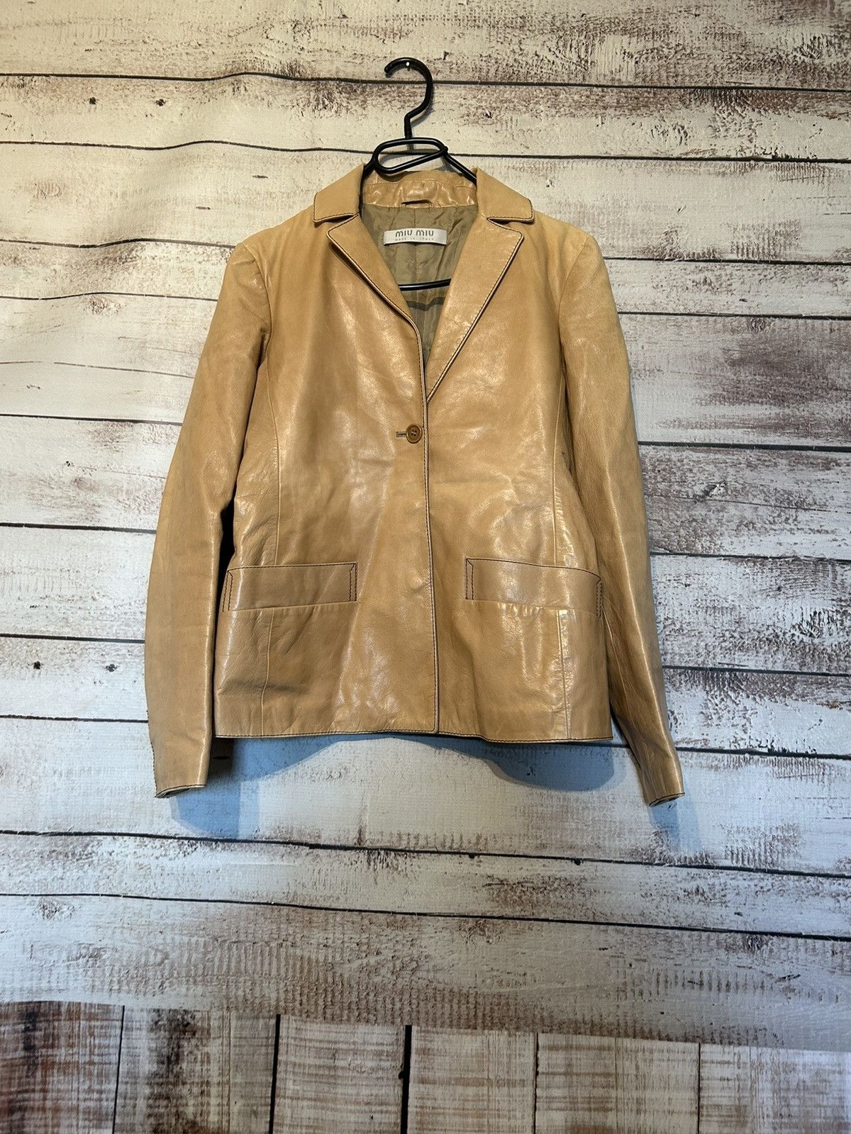 image of Miu Miu Leather Jacket in Brown, Women's (Size Small)