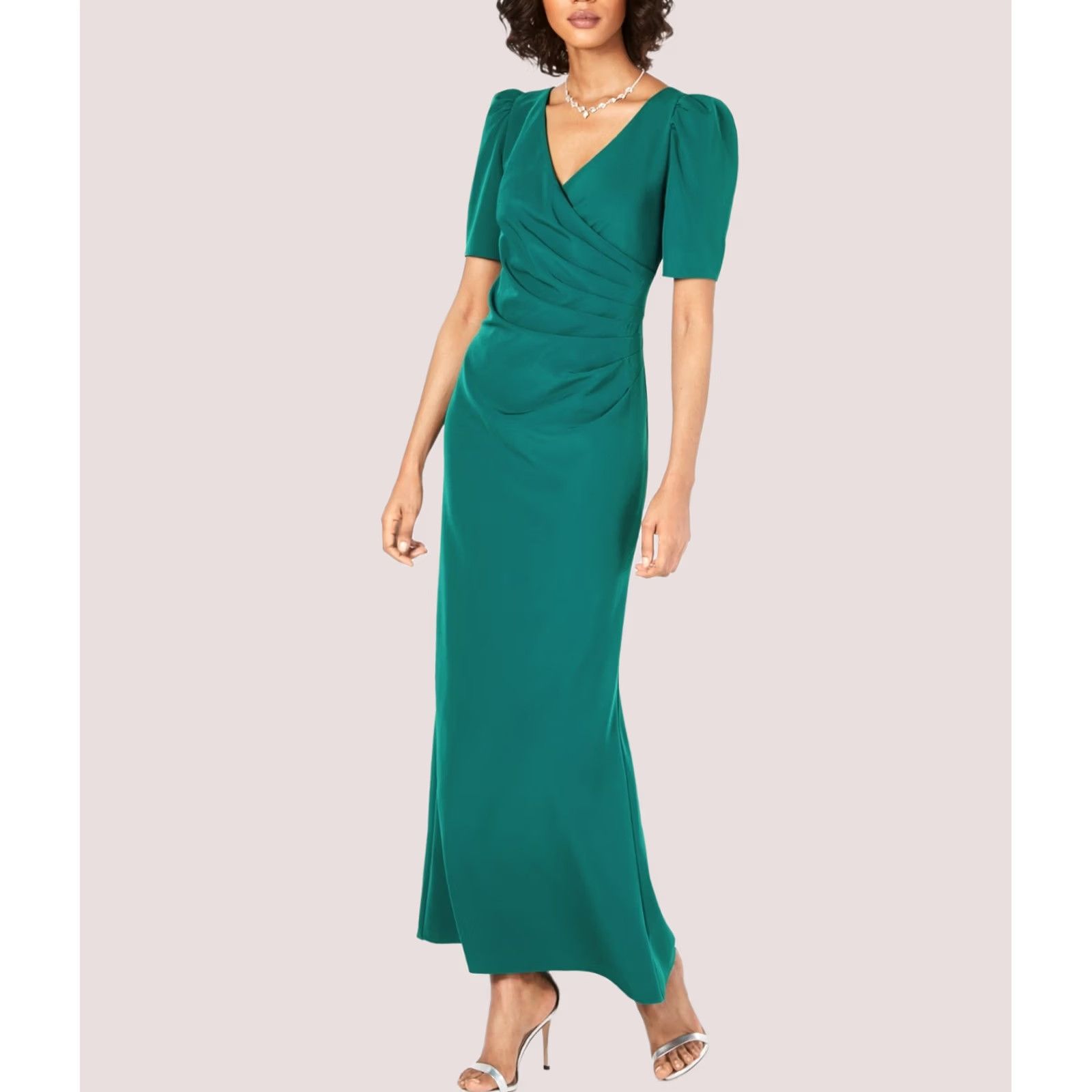 Adrianna Papell Adrianna Papell Womens Gown Dress emerald Petite 4P Puff-Sleeve Ruched Size S / US 4 / IT 40 - 1 Thumbnail