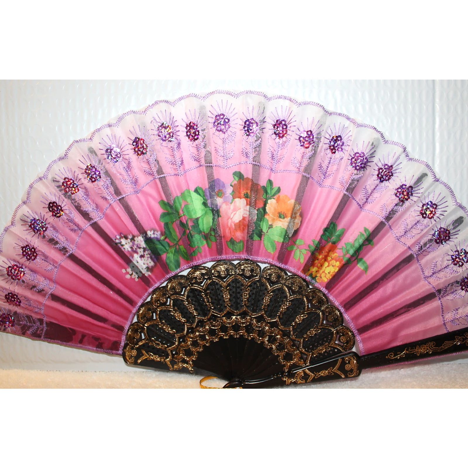 Vintage Vintage Small Hand Fan with Flowers and Flower Sequin Embellishments, Approx. 16-Inch Wide, New Size ONE SIZE - 2 Thumbnail