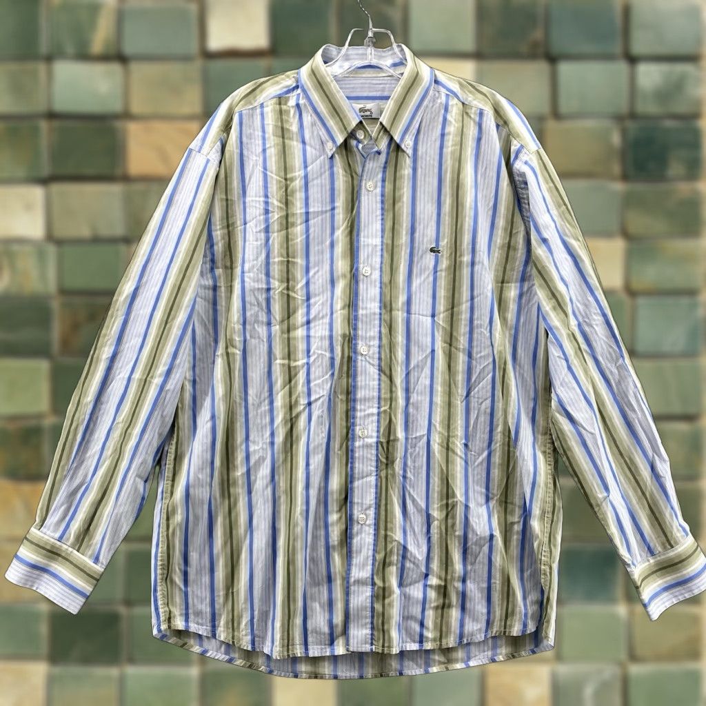 Lacoste VINTAGE Lacoste Dress Shirt Men's 42/Large Gray White Green Striped Corp Core Academia Size 42R - 1 Thumbnail