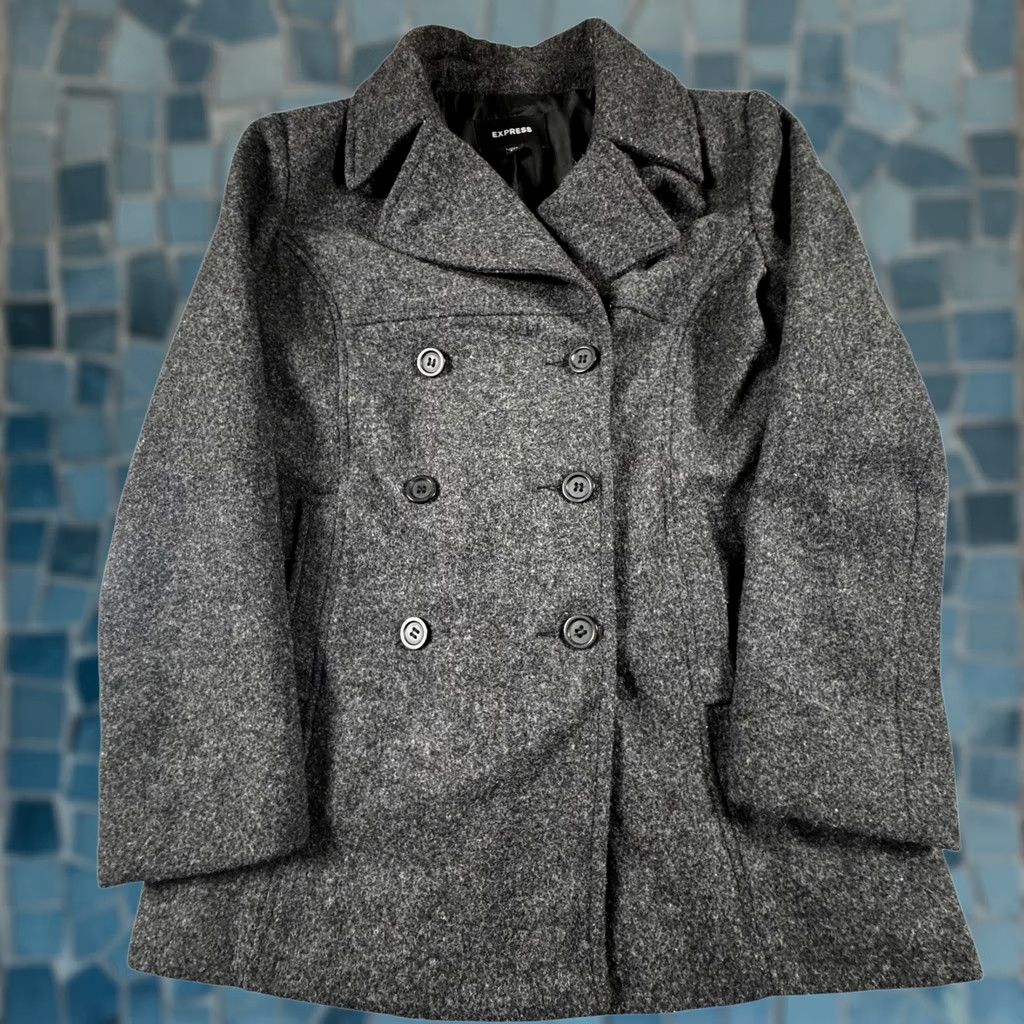 Express Express Women’s Pea Coat Jacket Wool 3/4 Double Breasted Wool Winter Heavy Gray Tweed Regular Long Sleeve Collared Lined Pockets Insulated - Mens? Size S / US 4 / IT 40 - 1 Thumbnail