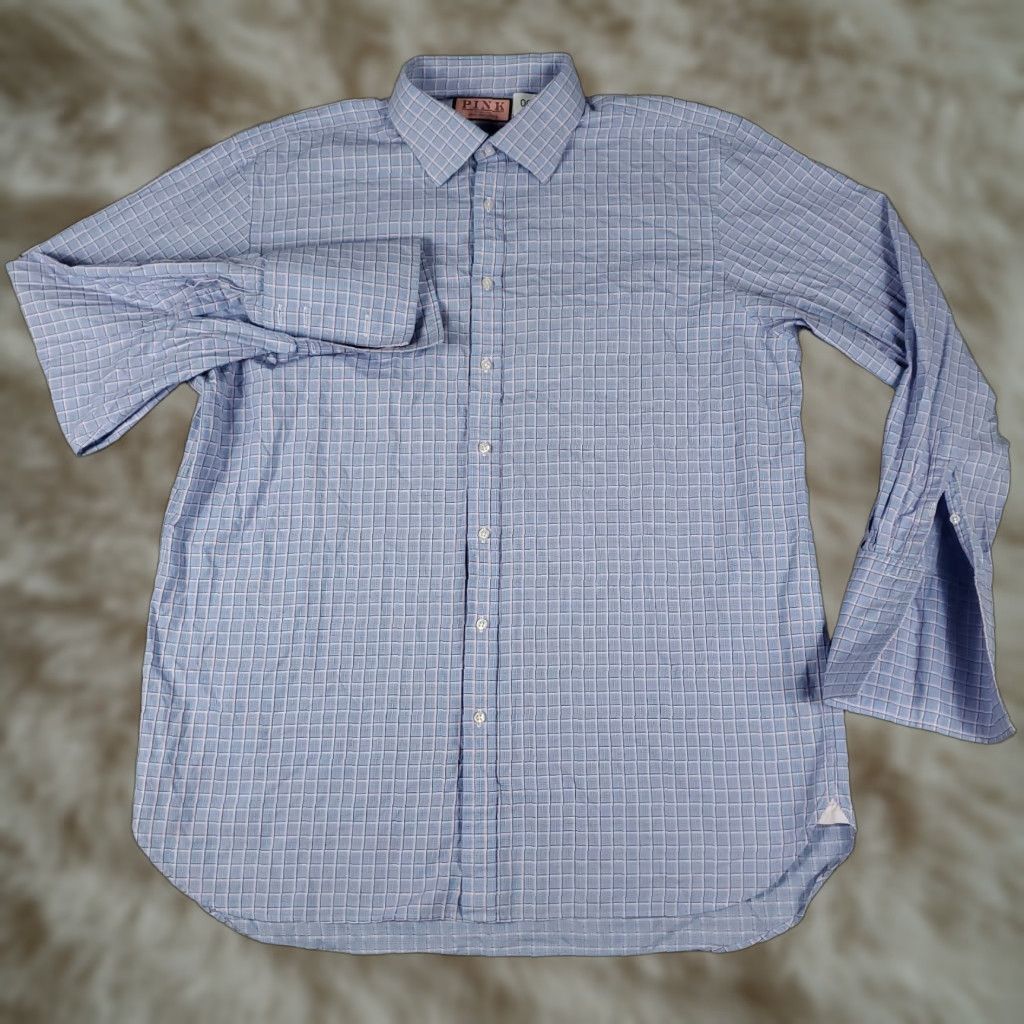 Pinko Thomas Pink Shirt Mens 18 Blue Pink Plaid French Cuff Button Up Long Sleeve Shirt Size US XXL / EU 58 / 5 - 1 Thumbnail