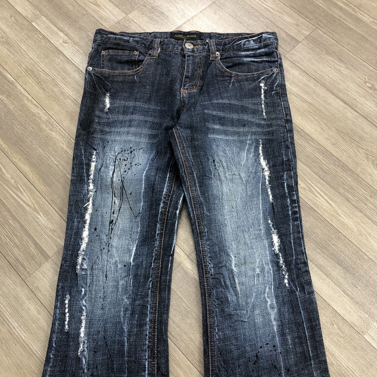 Japanese Brand 2000s Antfui Distressed Painted Lgb Goa Bootcut Flared Jeans Size US 28 / EU 44 - 2 Thumbnail