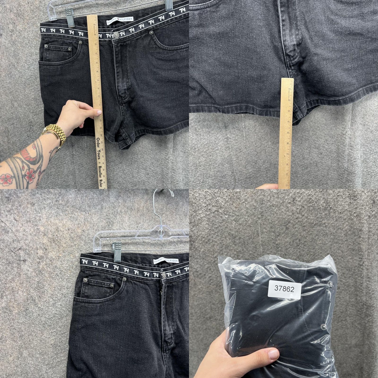 Tommy Hilfiger VINTAGE Tommy Hilfiger Shorts Women 14 Black Denim Logo Waistband High Rise 00s Cut-Off Denim Shorts Womens 14 Black Logo Size 36" / US 14 / IT 50 - 8 Thumbnail