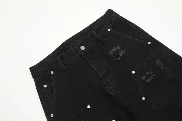 Japanese Brand VIBE Men's washed hip-hop loose straight ripped rivet jeans Size US 32 / EU 48 - 4 Thumbnail