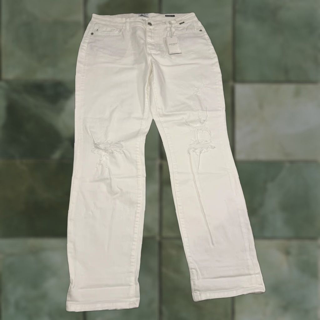 Denime Judy Blue Jeans Woman 13/31 White Boyfriend Distressed 5-Pocket Mid Rise 32 Inseam 29 Logo JB82276 WHT Size 34" / US 12 / IT 48 - 1 Thumbnail