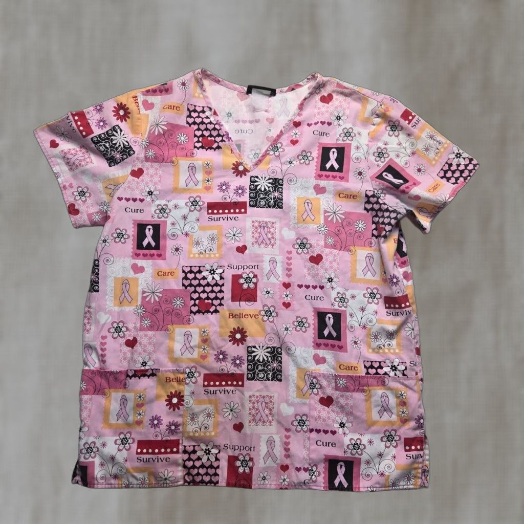 Cherokee Cherokee Pink Ribbon V Neck Scrub Top Women's Adult Large Pink Cotton Blend Medical Size US L / EU 52-54 / 3 - 1 Thumbnail