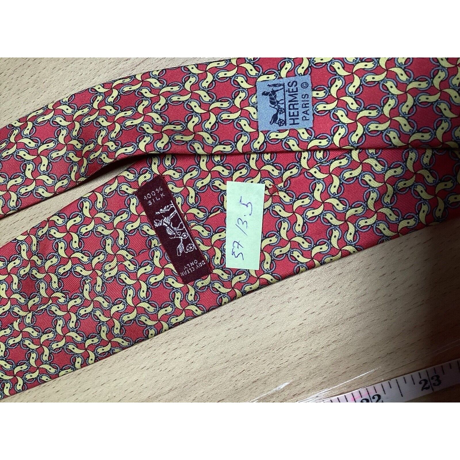 Hermes HERMES PARIS Vintage 7420 HA Red Yellow Belt Print Silk Tie Size ONE SIZE - 7 Thumbnail