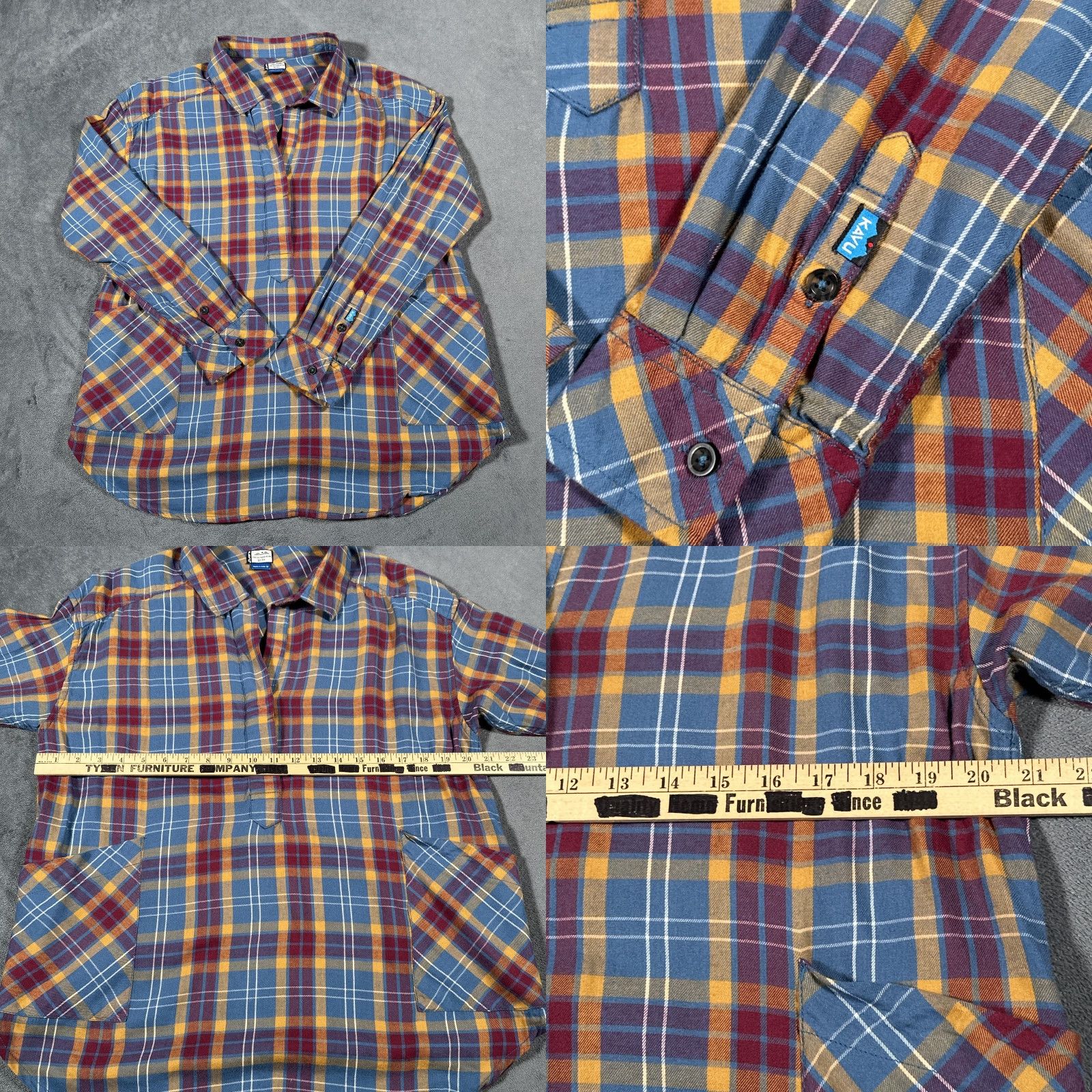 KAVU KAVU Womens Medium Blue Yellow Plaid Flannel Long Sleeve Tunic Shirt with Pockets Size M / US 6-8 / IT 42-44 - 8 Thumbnail