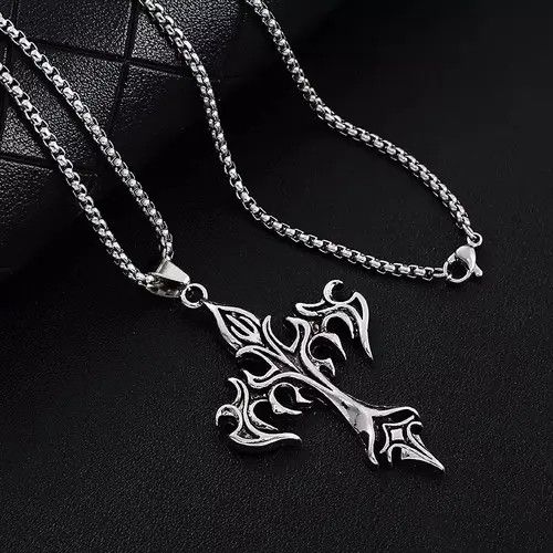 Jewelry × Vintage Vintage Flame Cross Pendant Necklace Long Chain Punk Goth Size ONE SIZE - 2 Thumbnail