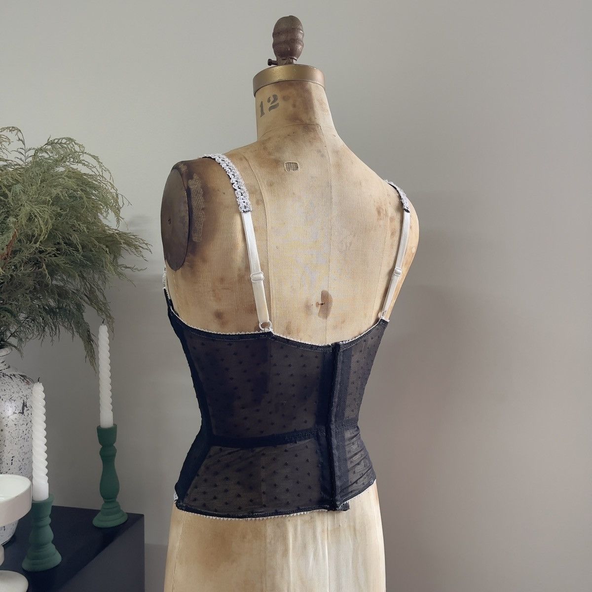 Vintage Black Mesh & White Lace Detail Corset Bustier (36C/34D) Size ONE SIZE - 5 Thumbnail