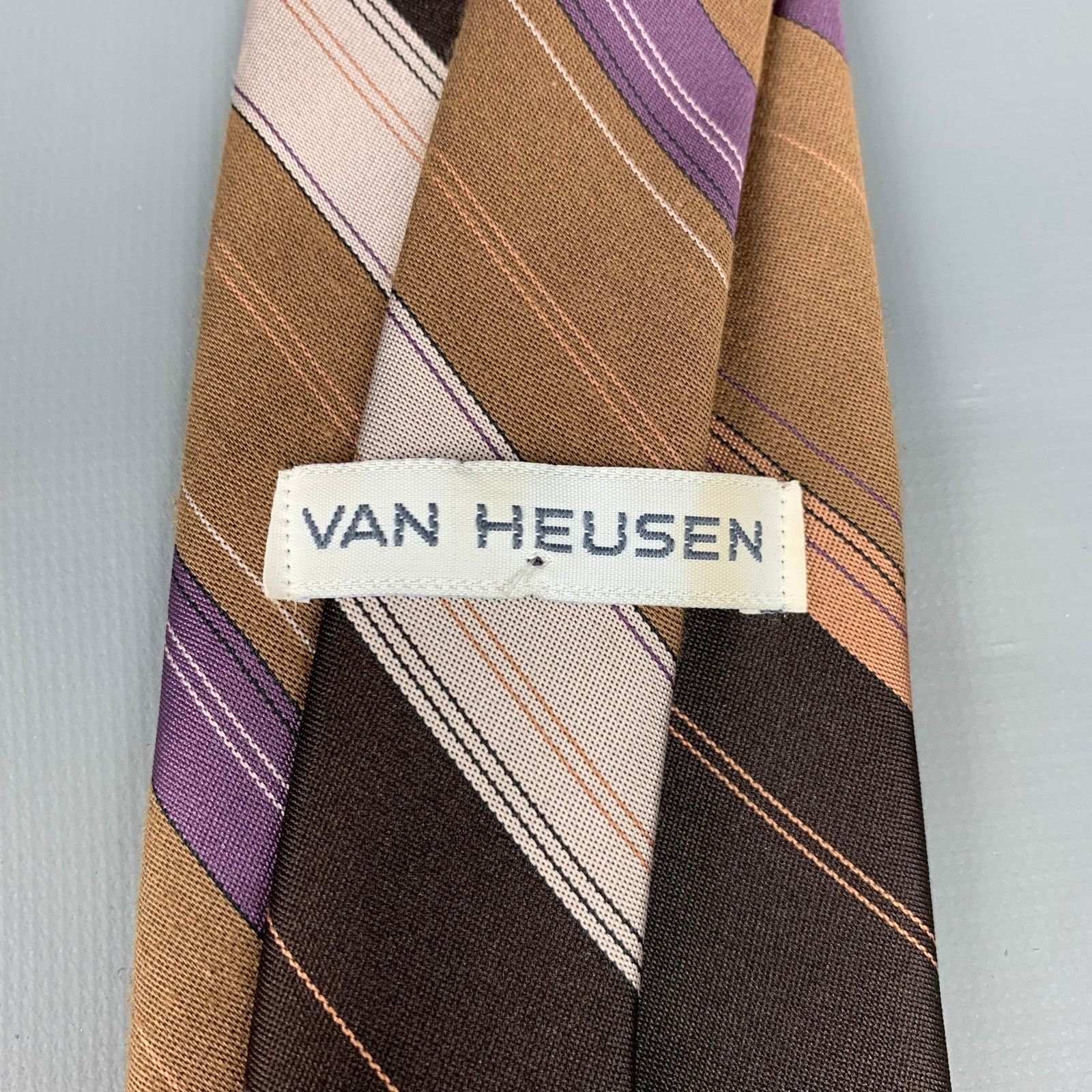 Van Heusen Dark Brown & Taupe Diagonal Stripe Polyester / Silk Tie Size ONE SIZE - 4 Thumbnail