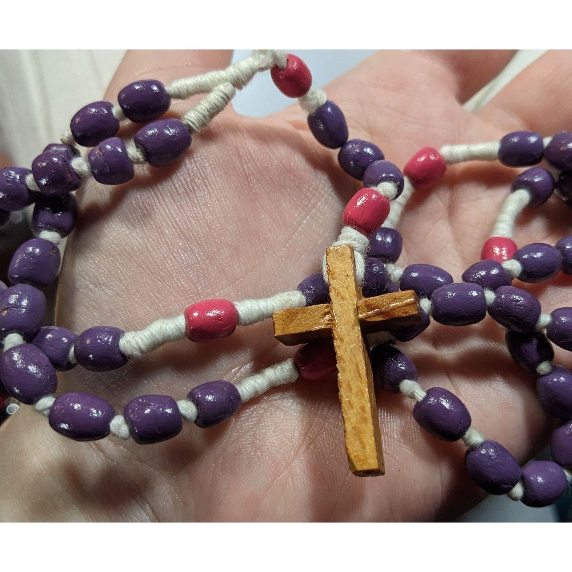 Handmade Handmade Pink And Purple Beaded Wooden Cross Necklace Size ONE SIZE - 5 Thumbnail