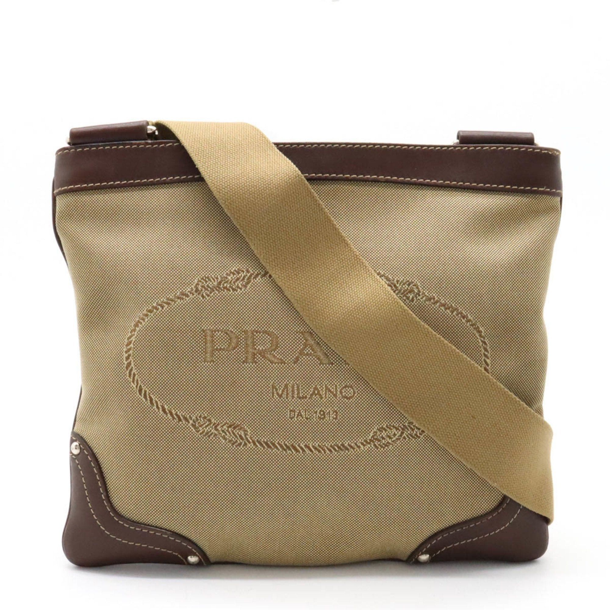 image of Prada Jacquard Shoulder Bag Pochette Canvas Leather Corda Khaki Beige Moro Dark Brown Bt0537 in Tan