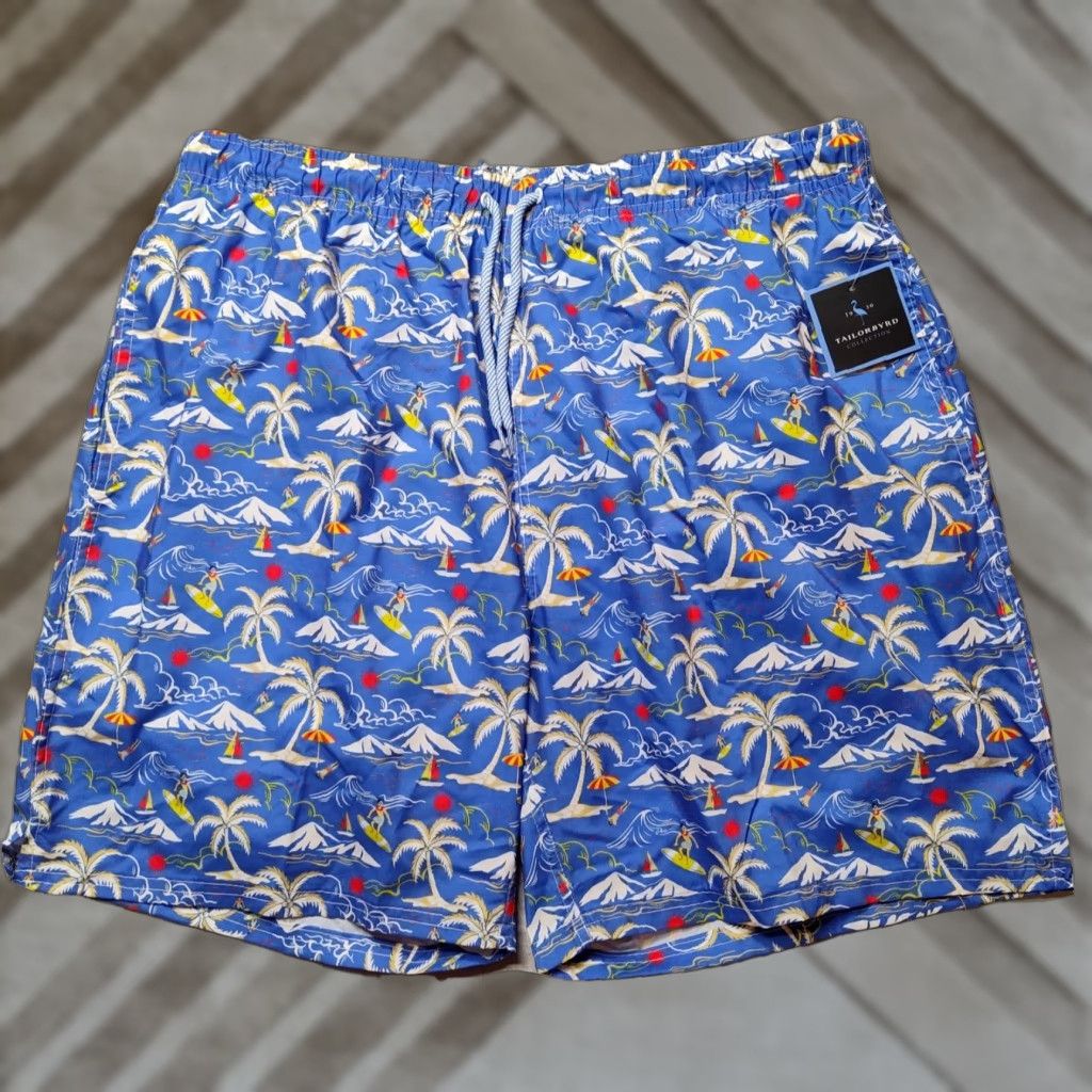 Tailorbyrd TAILORBYRD Men Large Blue Hawaiian Surfer Print 7" Swim Shorts Lined NEW Size US 33 - 1 Thumbnail