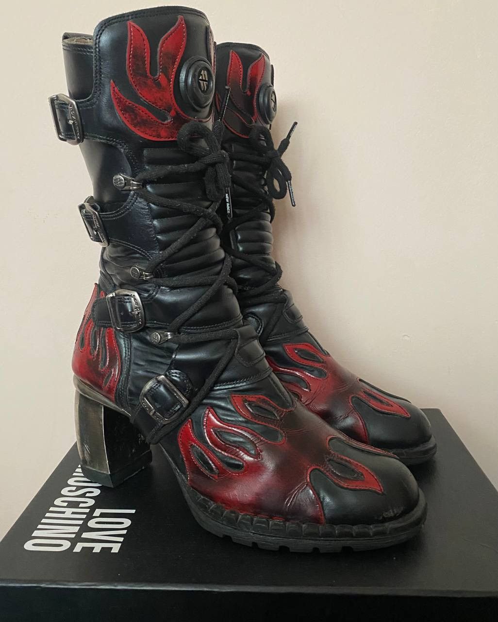 New Rock New Rock Flames Biker Heel Platform Mid Calf Boots (37 EU) Size US 7 / IT 37 - 1 Thumbnail