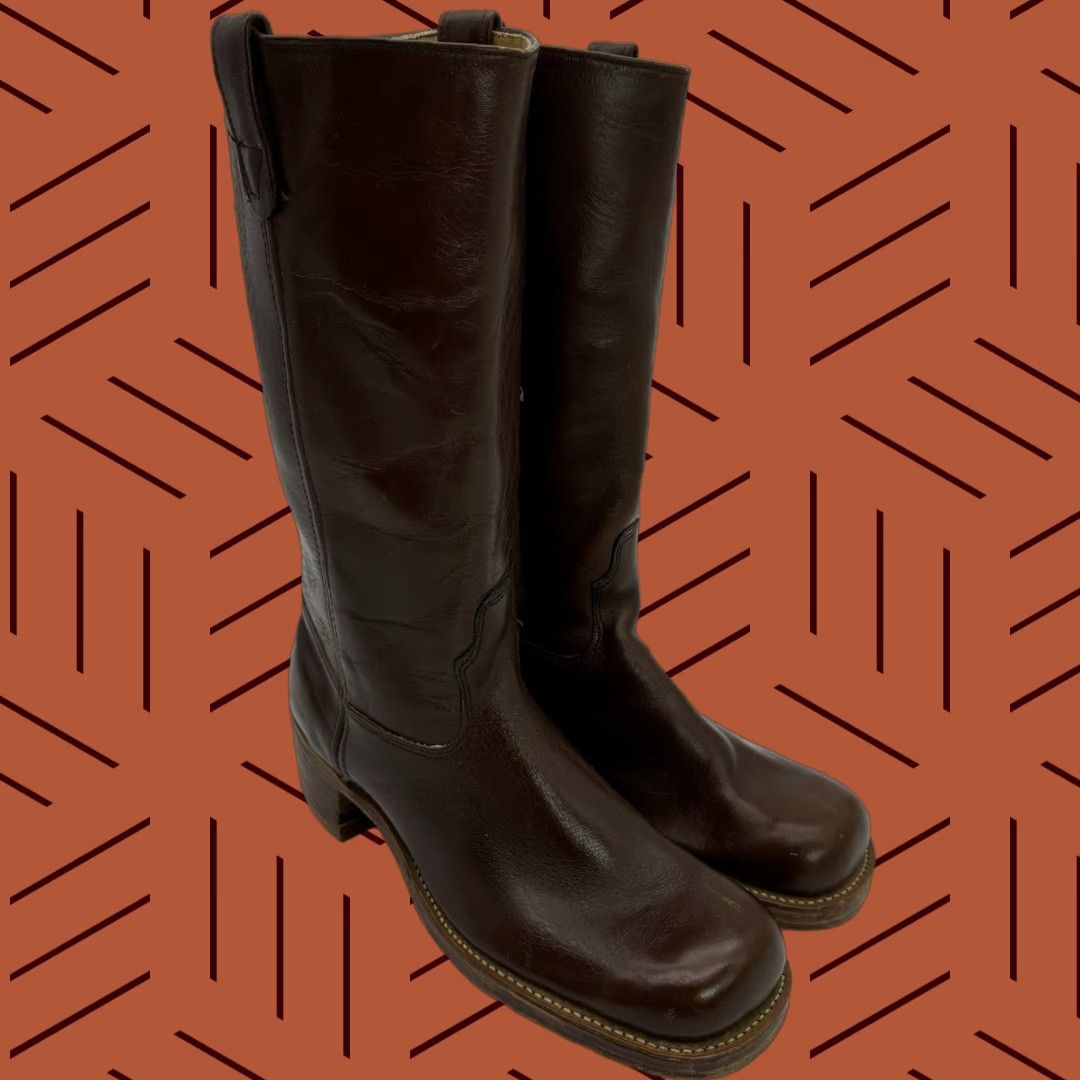 Vintage VINTAGE Double-H 12" Banana Boots Western Boot Men’s 11 D Leather Stacked Heel 1970s USA Size ONE SIZE - 1 Thumbnail