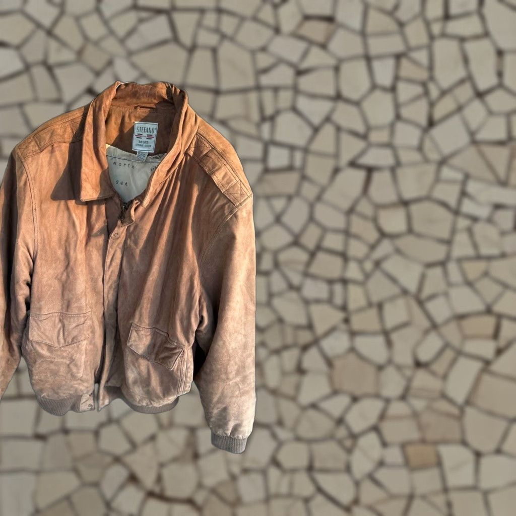 Stefano Man Leather Bomber Jacket Tan Brown Motorcycle XL Cool