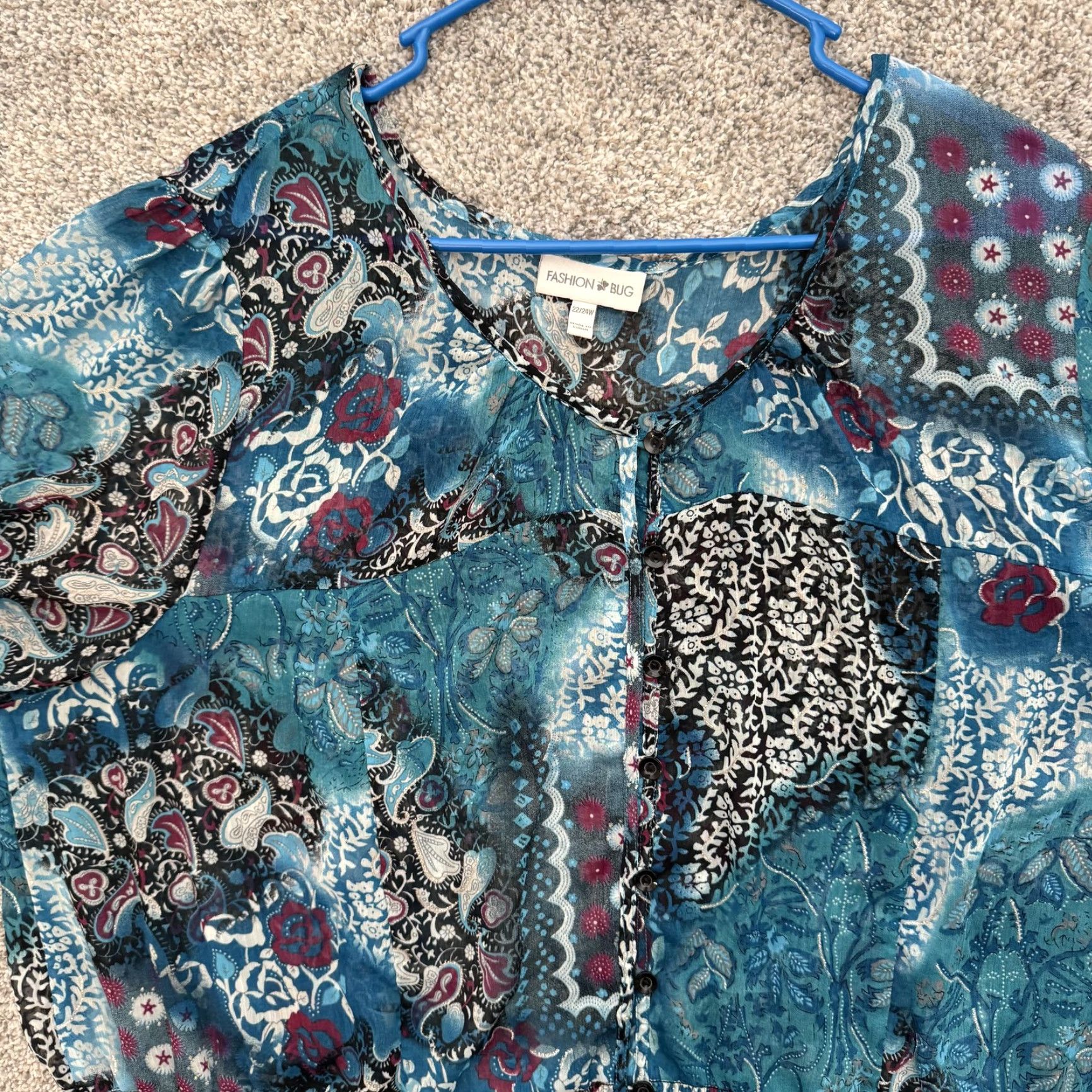Vintage Fashion Bug Blouse 22/24 Plus Blue Floral Paisley Boho Button Shirt Top Womens Size 3XL / US 20-22 - 4 Thumbnail