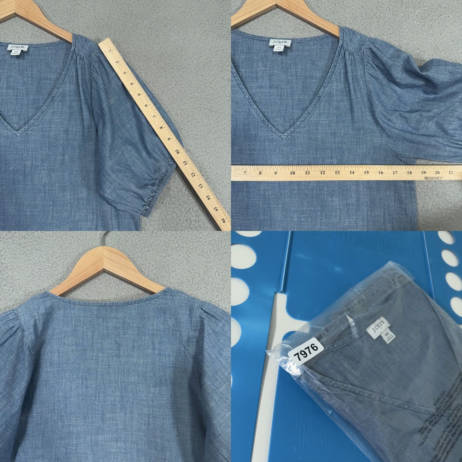 J.Crew J.CREW Chambray Top Womens XS Blue Puff Sleeve V-Neck Shirt Size XS / US 0-2 / IT 36-38 - 8 Thumbnail