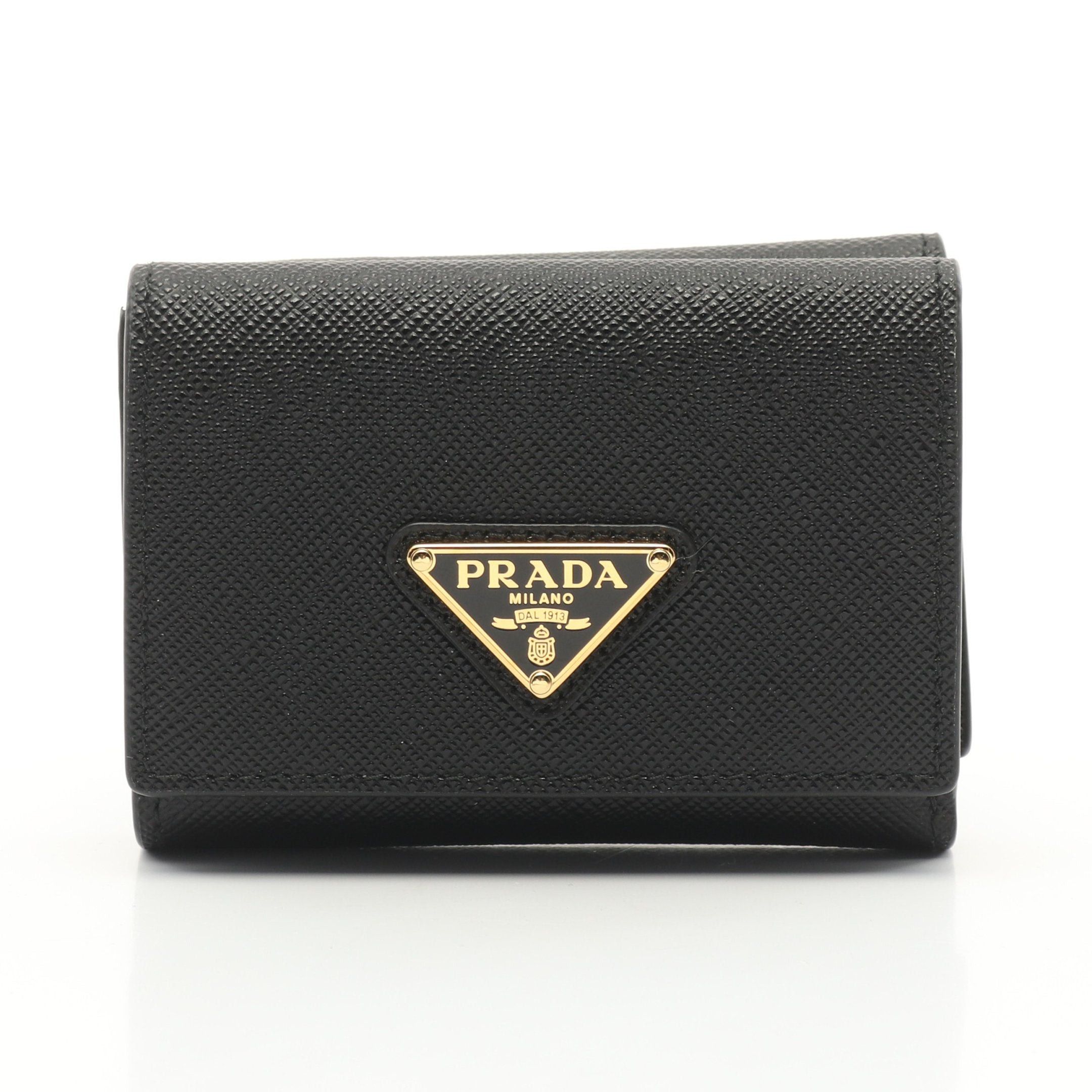 Prada Prada Saffiano Triang Trifold Wallet Compact Leather Black Size ONE SIZE - 1 Thumbnail
