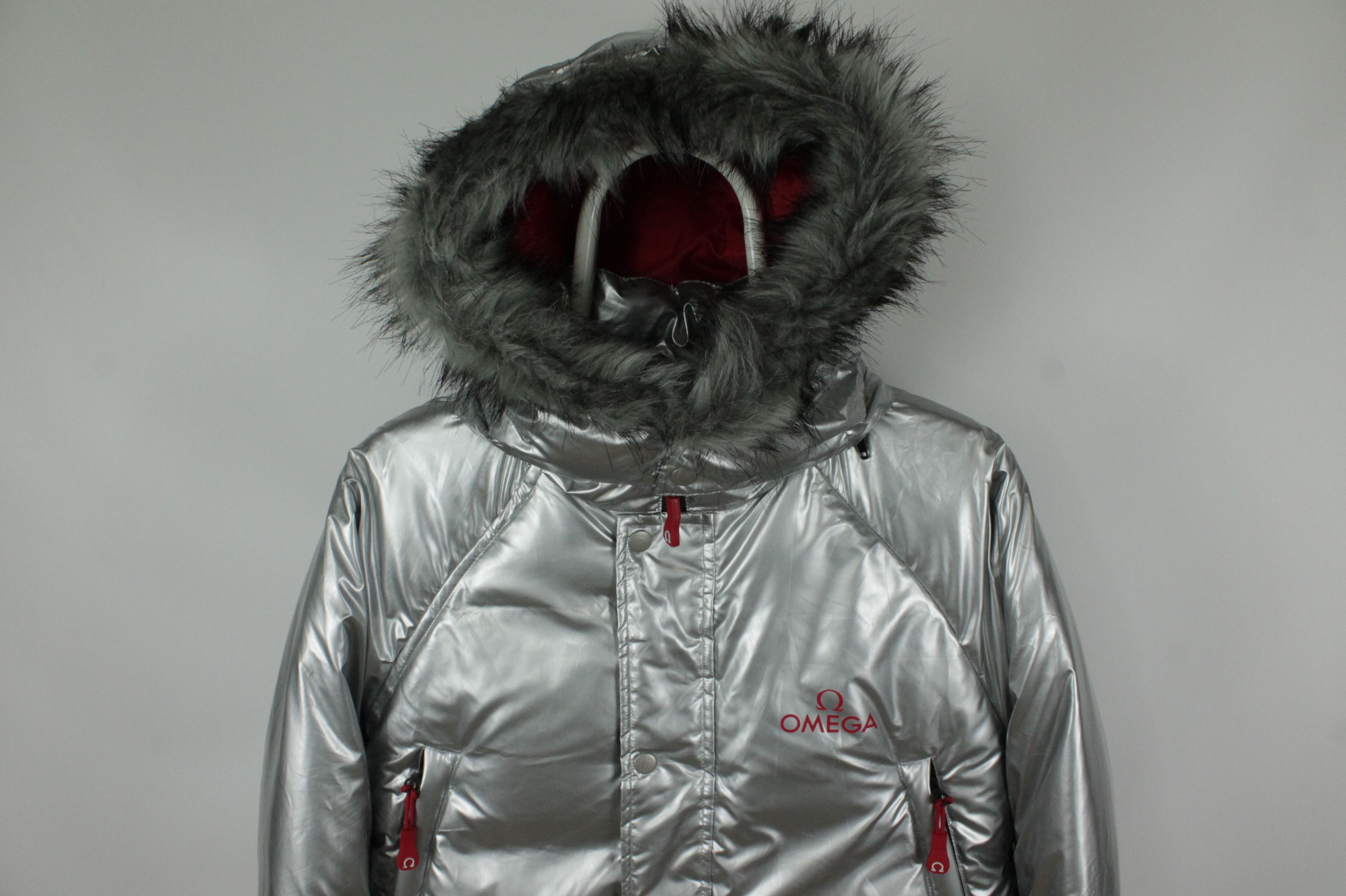 Omega Silver Puffer Winter Parka Hooded Down Jacket Men's