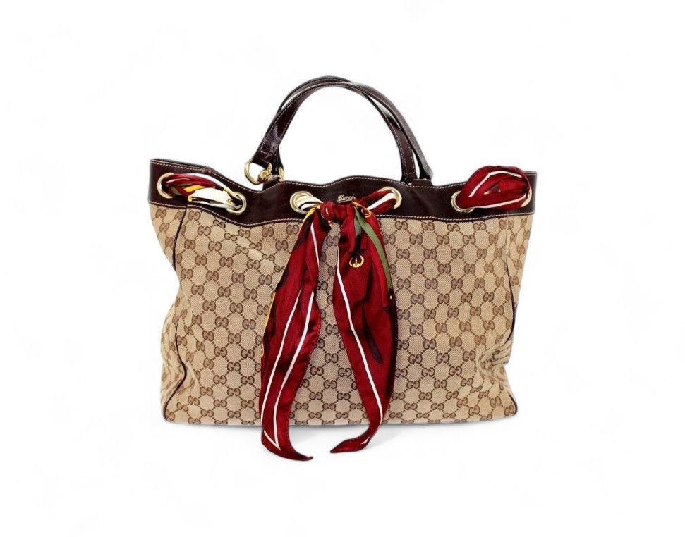 Gucci Scarf Handbag Monogram Beige Brown Leather Canvas GG