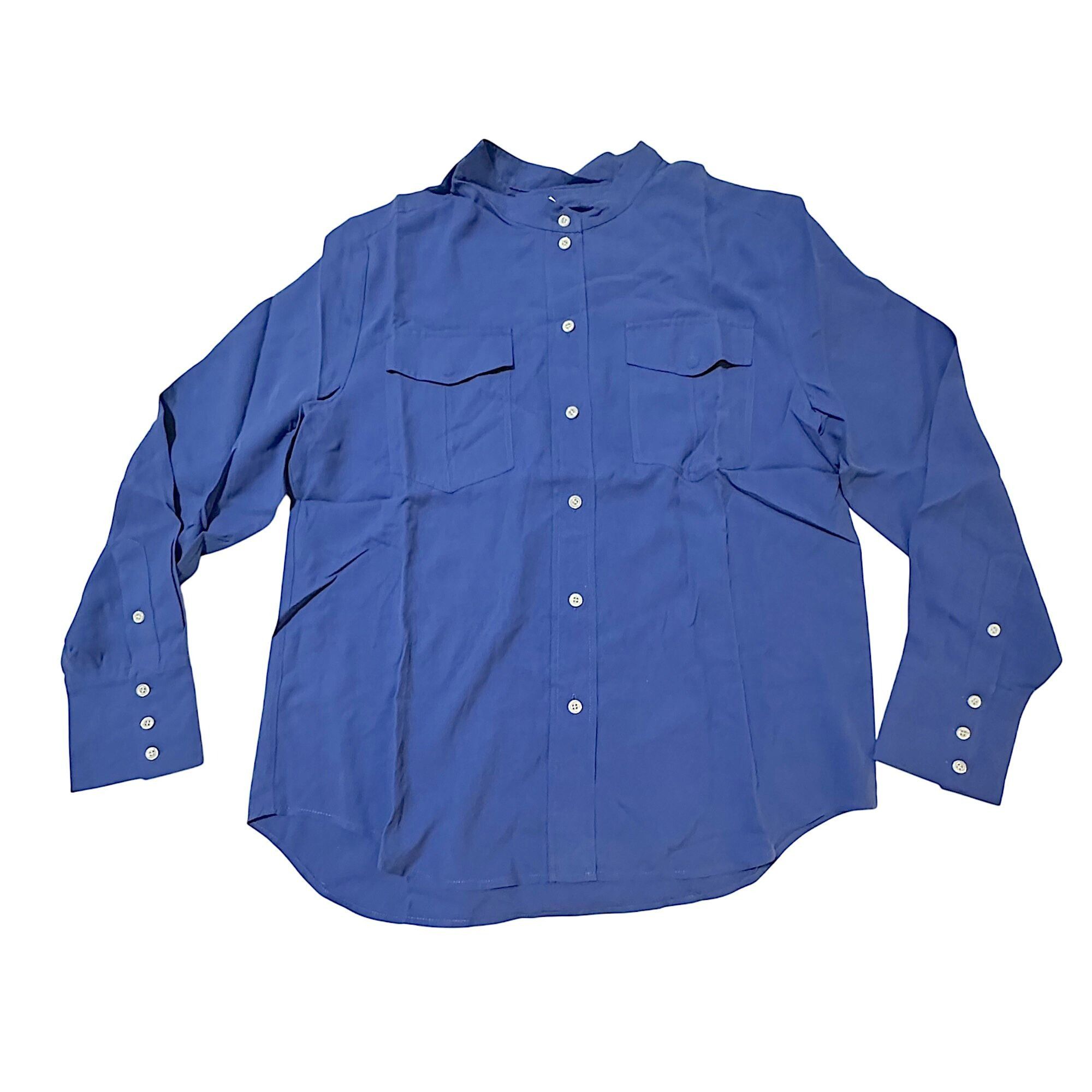 J.Crew J. Crew Blue Silk Long-Sleeve Button-Front Band Collar Shirt Size L / US 10 / IT 46 - 2 Thumbnail