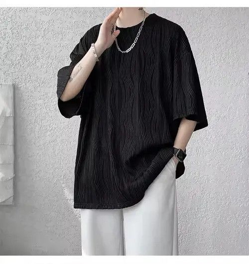VIBE 💎 Korean Black Wave Pleated Relaxed Tee T-shirt Size US L / EU 52-54 / 3 - 3 Thumbnail