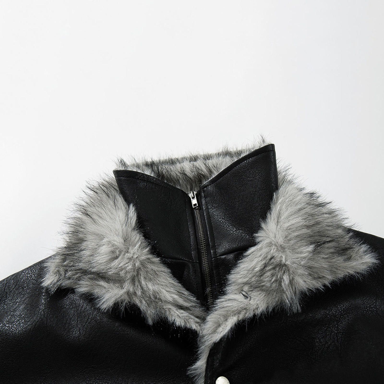 Japanese Brand Black Faux Leather Bomber Jacket with Grey Faux Fur Collar Size US M / EU 48-50 / 2 - 4 Thumbnail