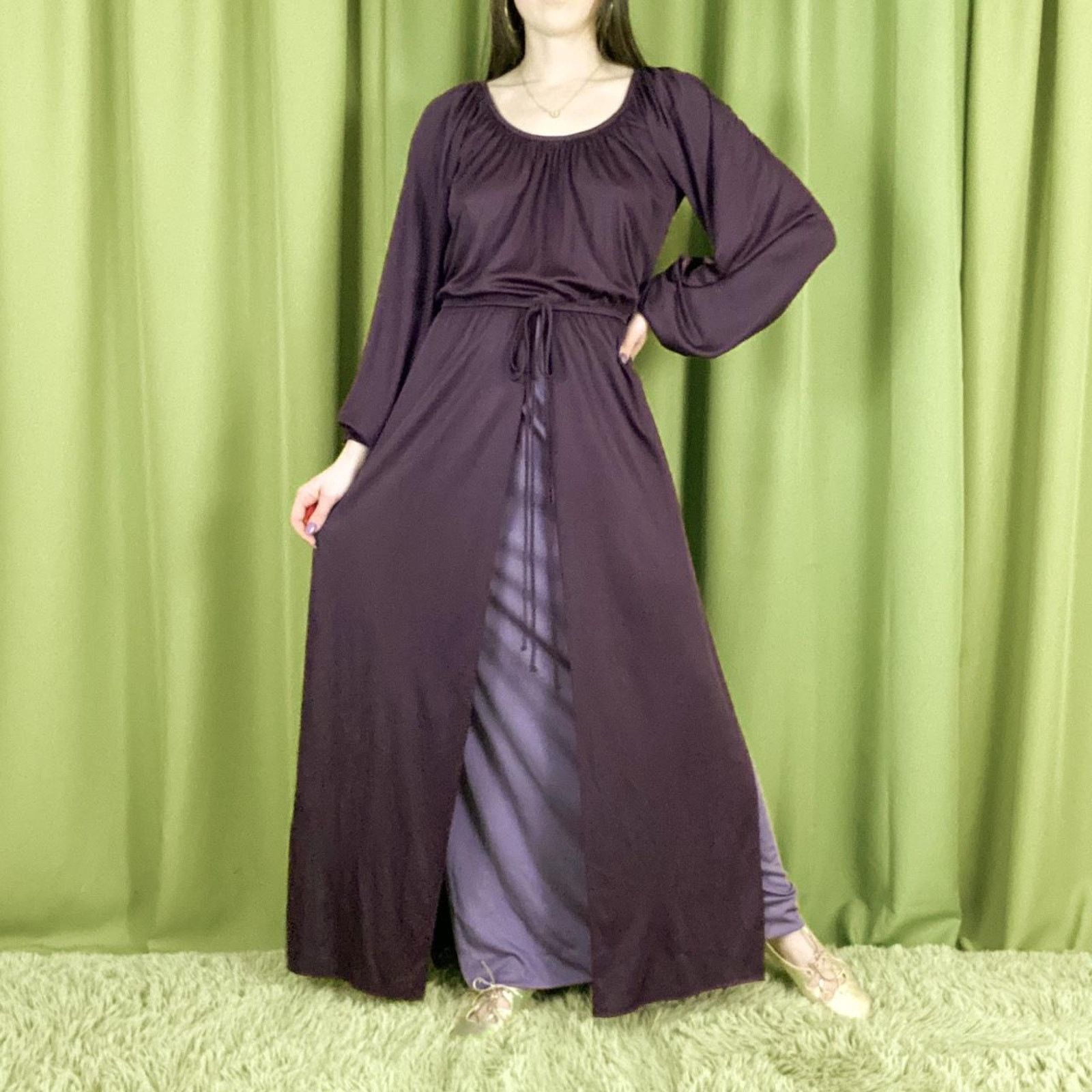 Vintage 80s Vintage Dark Plum A Line Maxi Dress Monochrome Layering Size M / US 6-8 / IT 42-44 - 1 Thumbnail