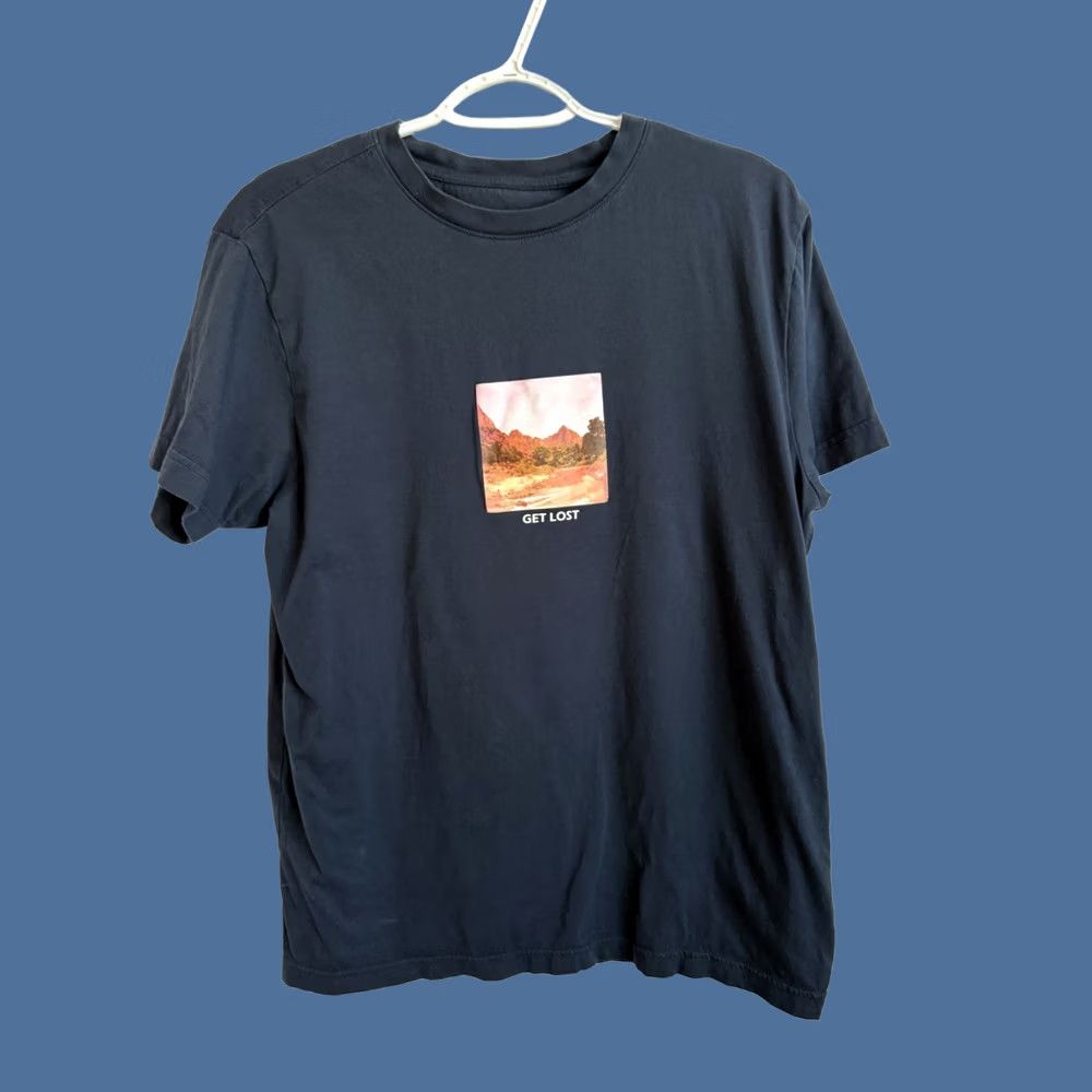 Vintage Mens Med. T Shirt Mountain Nature Hike Camp Fish "Get Lost" Sleeve Blue Original Use Size US M / EU 48-50 / 2 - 1 Thumbnail