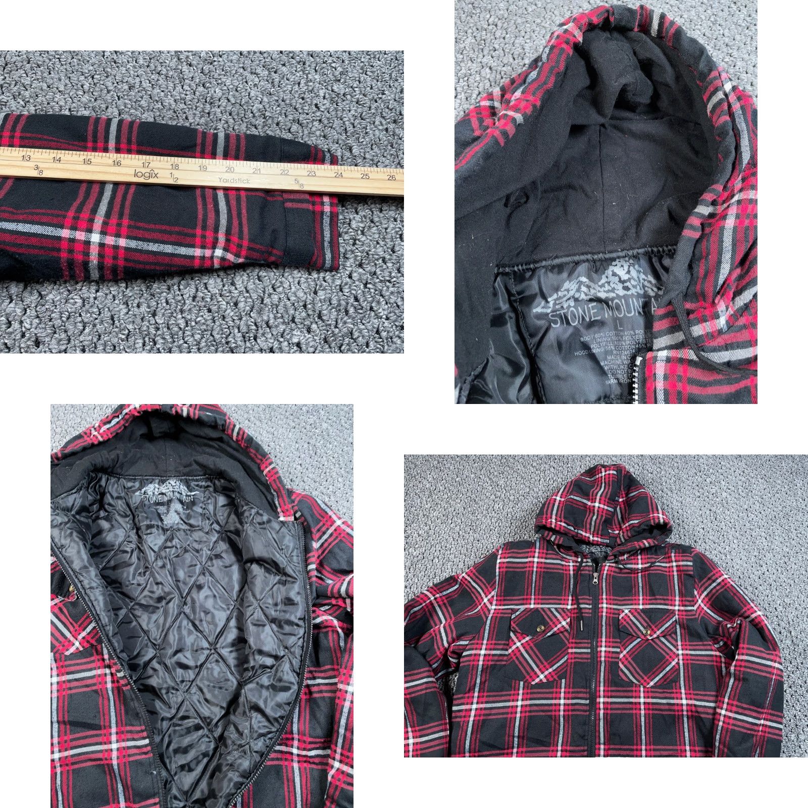 Vintage Stone Mountain Workwear Quilted Zip Hooded Flannel Shirt Jacket Large Red Black Plaid Jacket Adult Size US L / EU 52-54 / 3 - 8 Thumbnail