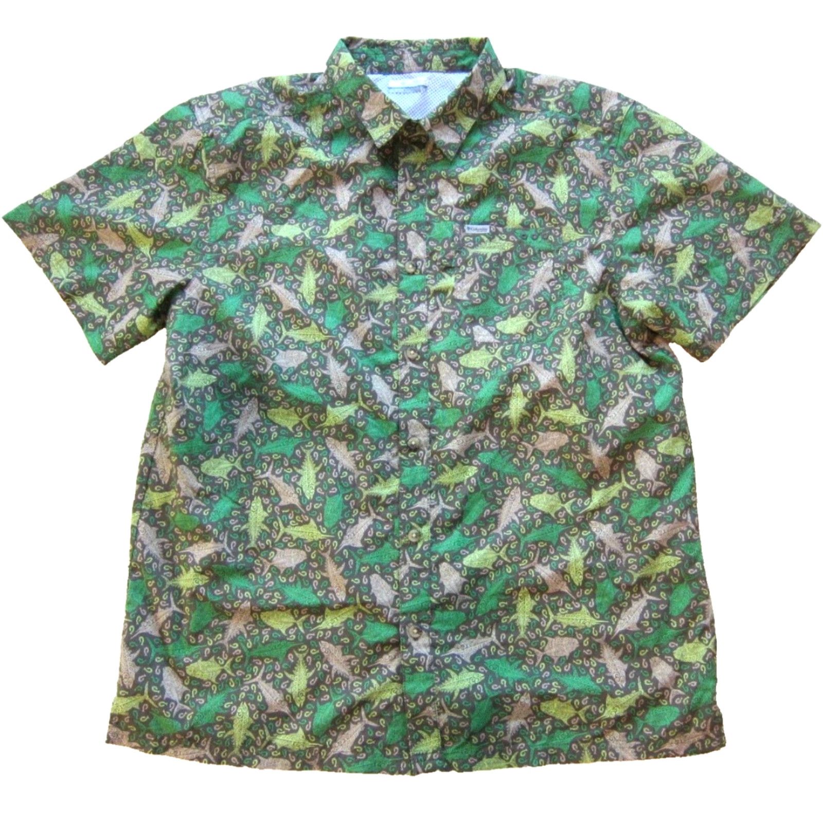 Pinko Columbia Shirt Button-Up Hawaiian Short Sleeve Fish Hook Large Mens Gray Green Pink Collar-Down 100% Polyester Size US L / EU 52-54 / 3 - 2 Thumbnail