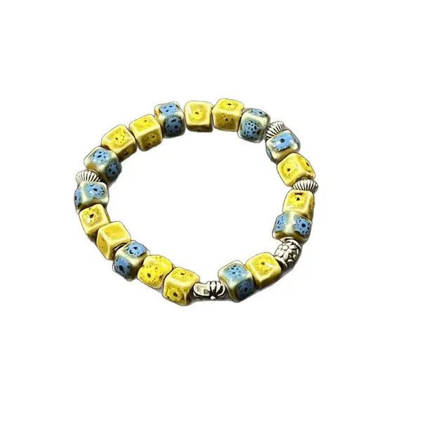 Jewelry Yellow Blue Ceramic Beaded Bracelet, Handmade Beads Size ONE SIZE - 6 Thumbnail