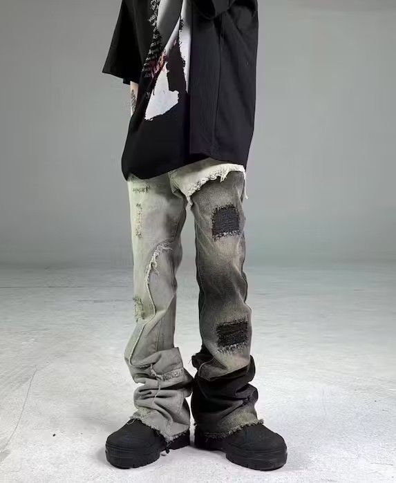 image of Patchwork Stacked Denim Jeans in Grey, Men's (Size 32)
