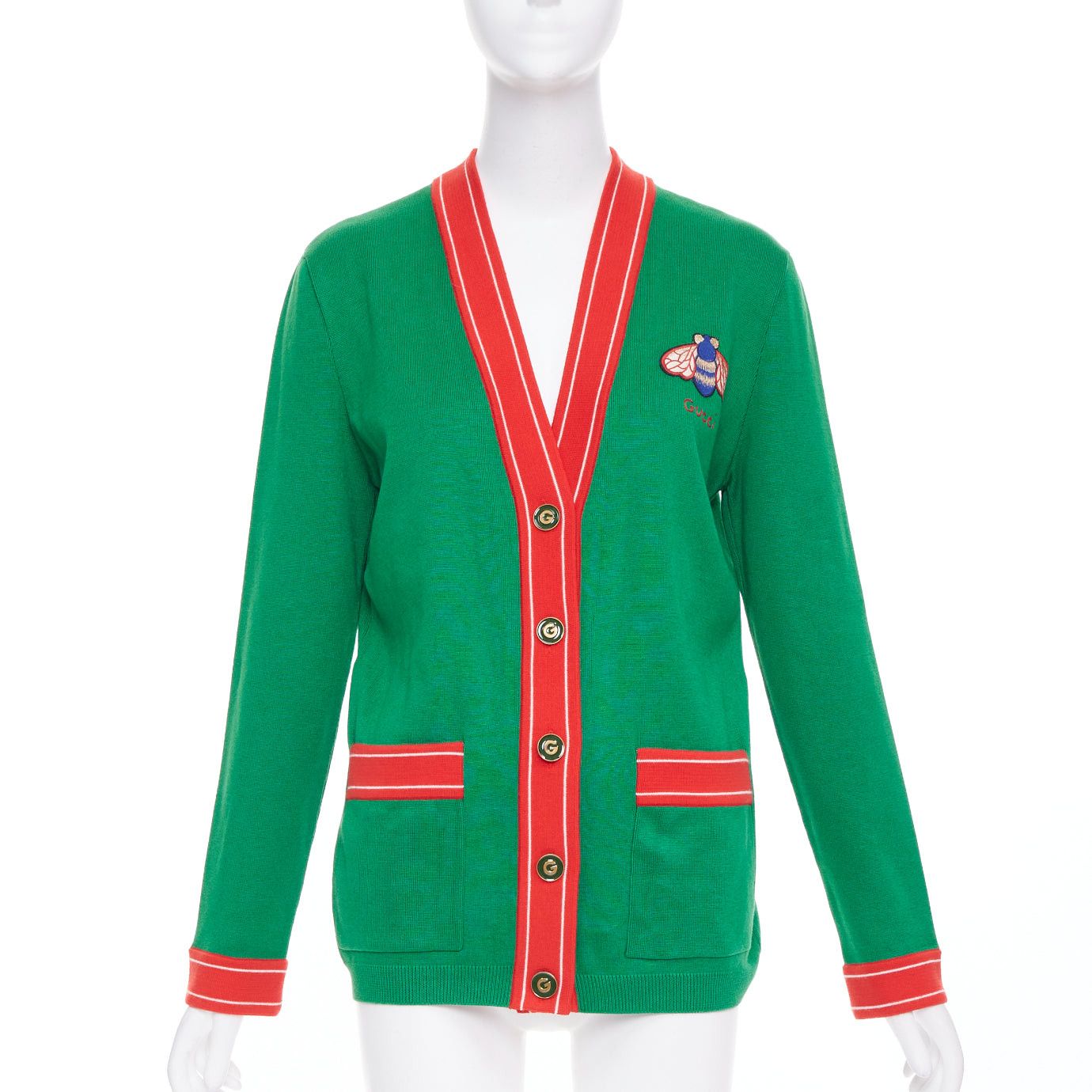Gucci GUCCI Michele green cotton cashmere Bee embroidered cardigan XXS Size S / US 4 / IT 40 - 1 Thumbnail