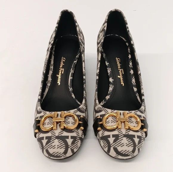 Salvatore Ferragamo Ferragamo Monochrome Canvas Garda Gancini Pumps- Size 6 Size US 6 / IT 36 - 3 Thumbnail