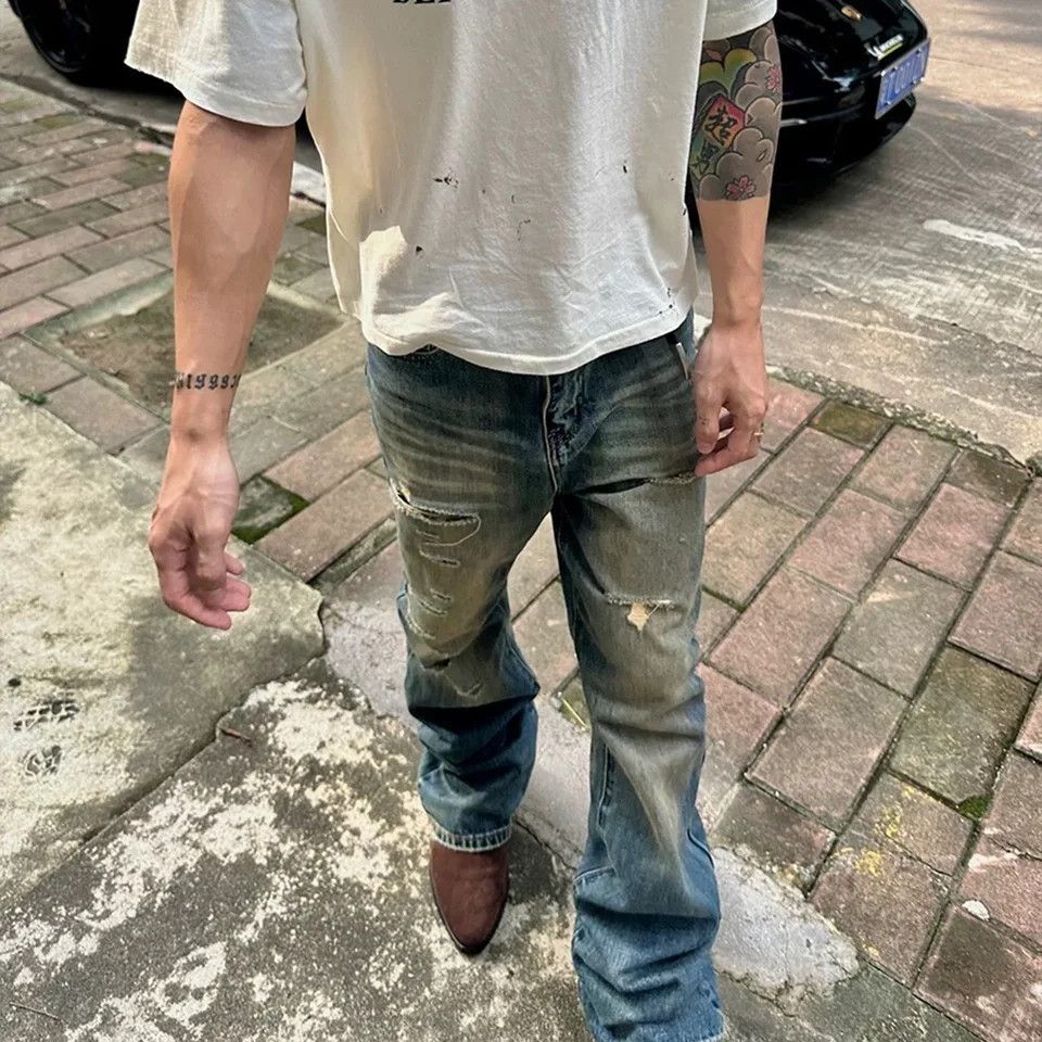 Japanese Brand Vintage Washed Dirty Yellow Mud Baggy Jeans Size US 33 - 3 Thumbnail