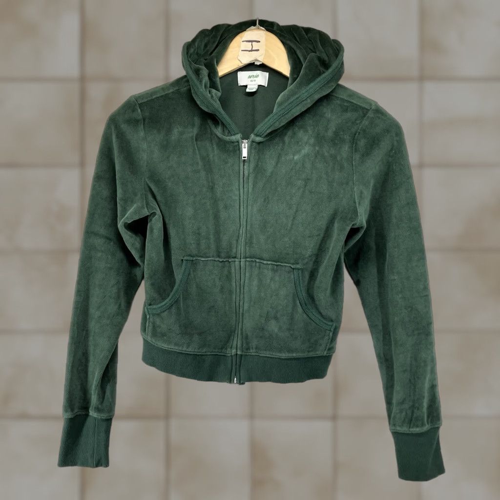Vintage Aerie Velour Hoodie Zip Up Women’s XS Dark Green Cotton Blend Polyester 90s Hip Hop Hippie Hipster Pockets Round Neck Full Zip Size XS / US 0-2 / IT 36-38 - 1 Thumbnail